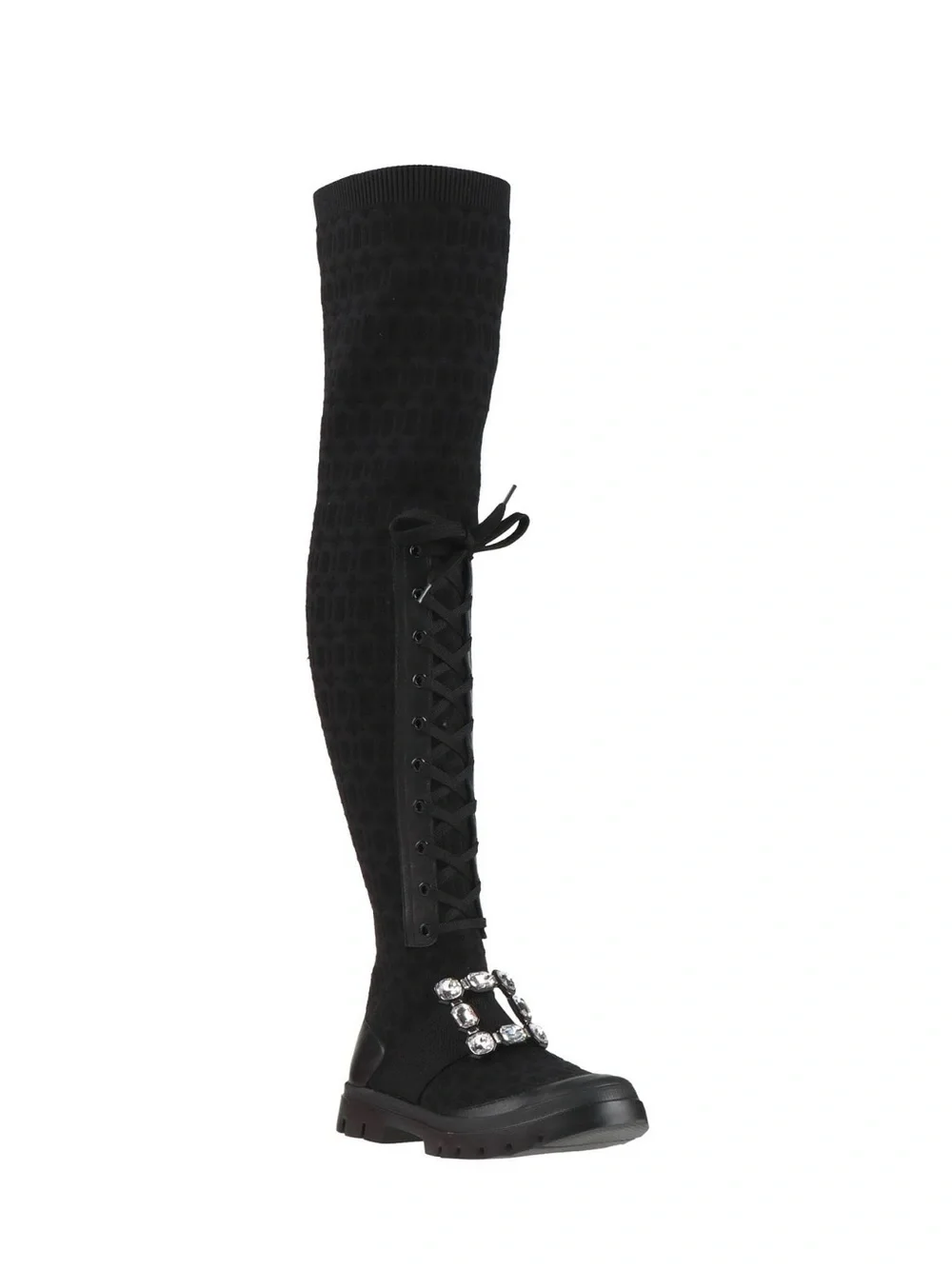 Roger Vivier Black Over-the-Knee Lace-Up Boot with Crystal Buckle
